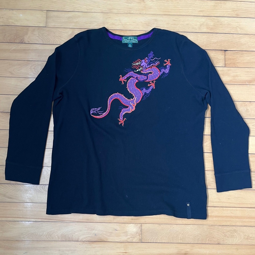 VTG Lauren Active Ralph Lauren Black Thermal Dragon Embroidered Top Women 2X
